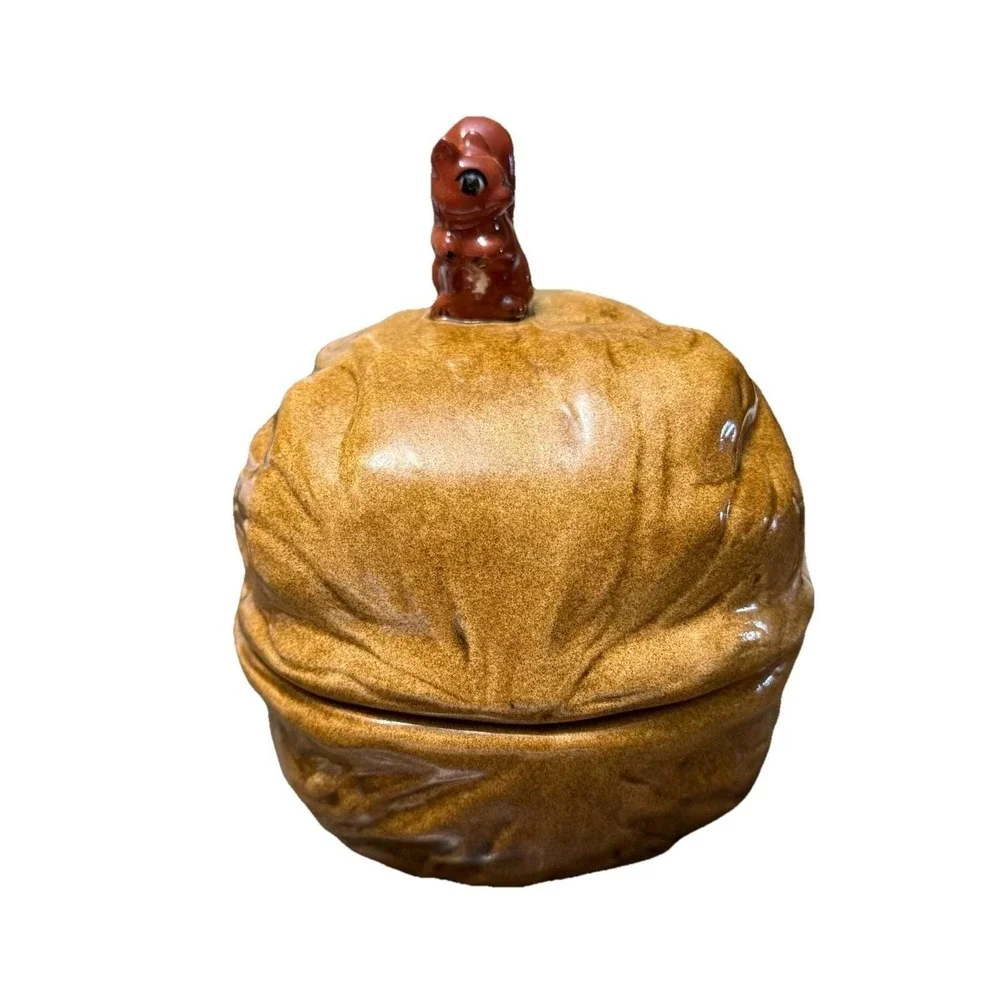 Vintage Walnut Cookie Jar Trinket Box Squirrel Lid Brown Ceramic Nut Dish